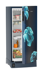 Product image, Perspective: oblique half-open decorated, Single-door refrigerator 191 l in 3 star with foot pedal base drawer, Casing colour: blue, Door colour: Blue Divine