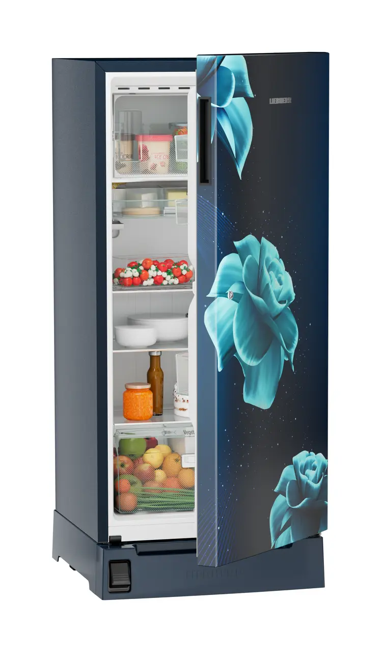 Product image, Perspective: oblique half-open decorated, Single-door refrigerator 191 l in 3 star with foot pedal base drawer, Casing colour: blue, Door colour: Blue Divine