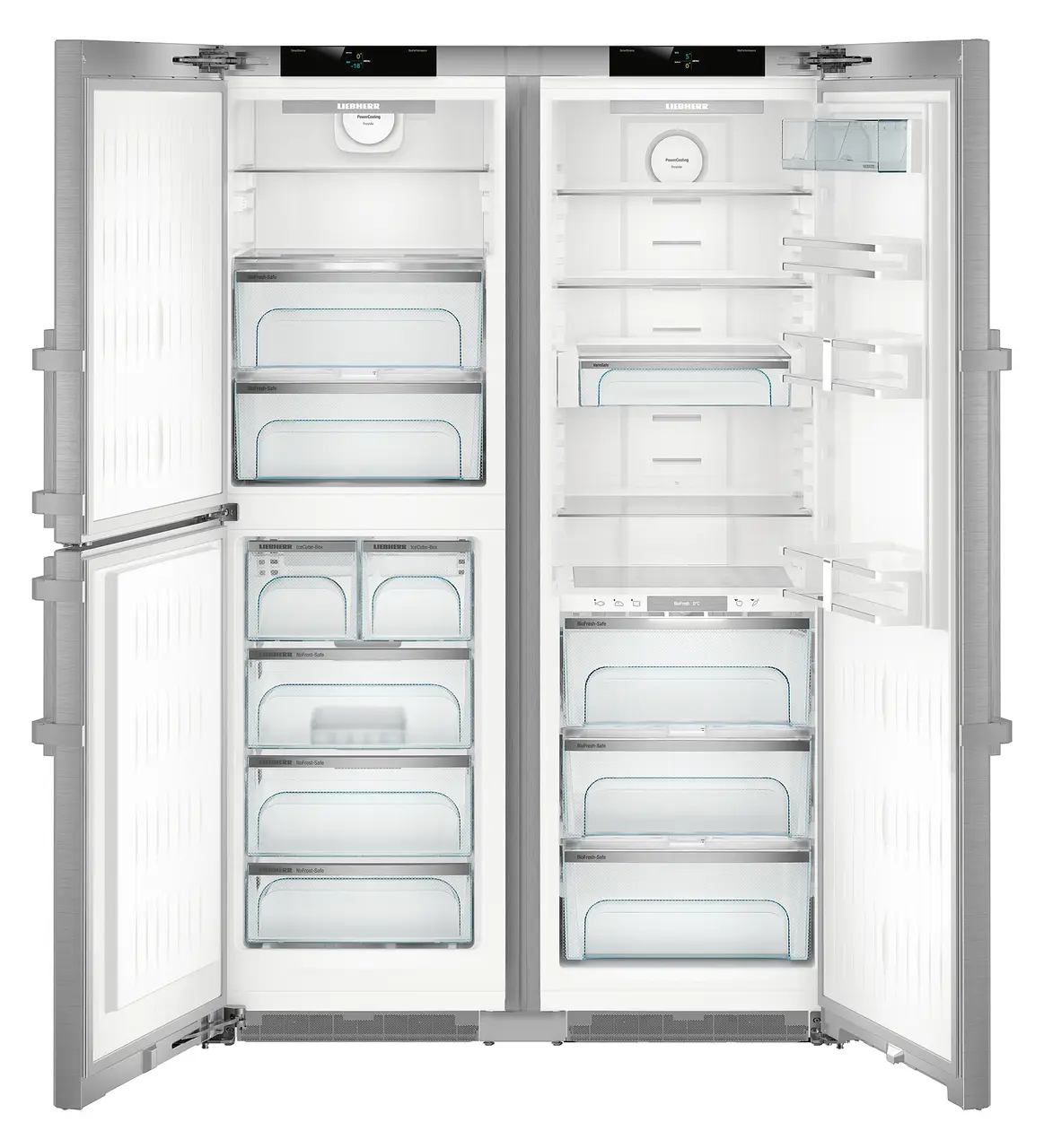 Product image, Perspective: straight open empty, Side-by-Side combination, Casing colour: stainless steel, Door colour: stainless steel