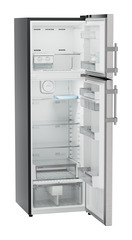 Product image, Perspective: oblique open empty, Fridge-freezer with NoFrost, Casing colour: grey, Door colour: Stainless Steel