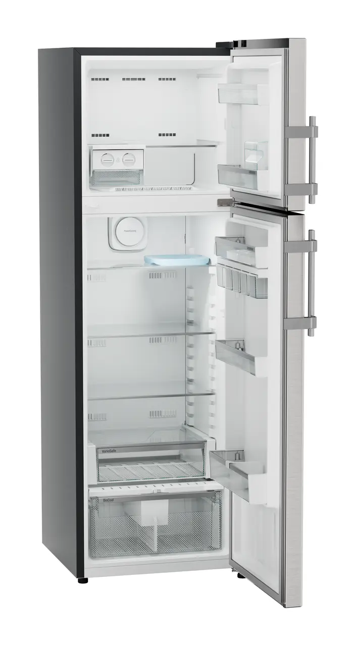 Product image, Perspective: oblique open empty, Fridge-freezer with NoFrost, Casing colour: grey, Door colour: Stainless Steel