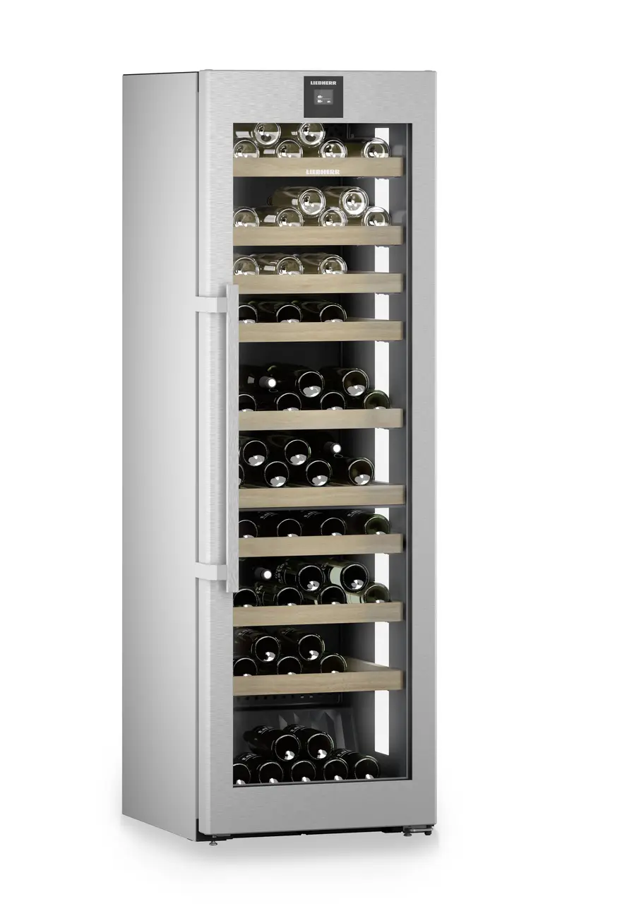 Product image, Perspective: oblique closed decorated, Multi-temperature wine cabinet, Casing colour: silver, Door colour: stainless steel
