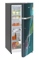 Product image, Perspective: oblique half-open decorated, Single-door refrigerator 191 l in 5 star with inverter compressor, Casing colour: grey, Door colour: Teal Strings