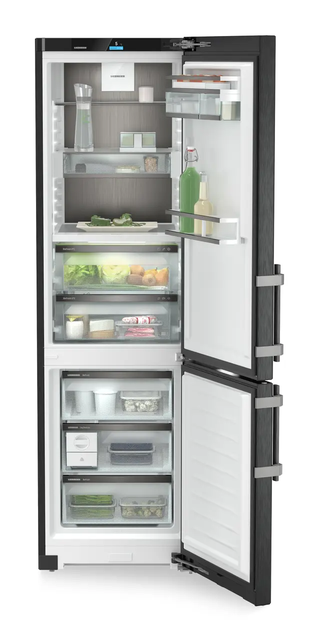 Product image, Perspective: straight open decorated, Fridge-freezer with BioFresh and NoFrost, Casing colour: BlackSteel, Door colour: BlackSteel