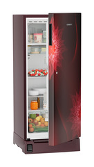 Product image, Perspective: oblique half-open decorated, Single-door refrigerator 202 l in 3 star with foot pedal base drawer, Casing colour: red, Door colour: Red Mystiq
