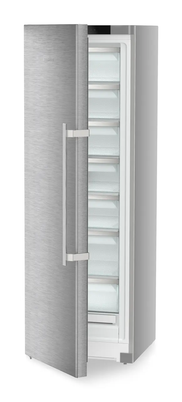Product image, Perspective: oblique half-open empty, Freestanding freezer with NoFrost and EasyTwist-Ice, Casing colour: silver, Door colour: stainless steel