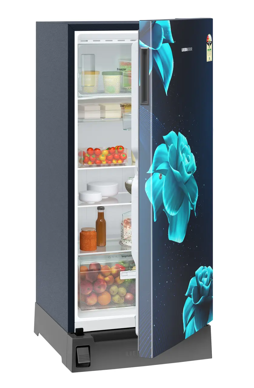 Product image, Perspective: oblique half-open decorated, Single-door fridge 191 l in 2 star with foot pedal base drawer, Casing colour: blue, Door colour: Blue Divine