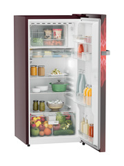 Product image, Perspective: oblique open decorated, Single-door refrigerator 191 l in 3 star and horizontal handle, Casing colour: red, Door colour: Red Mystiq