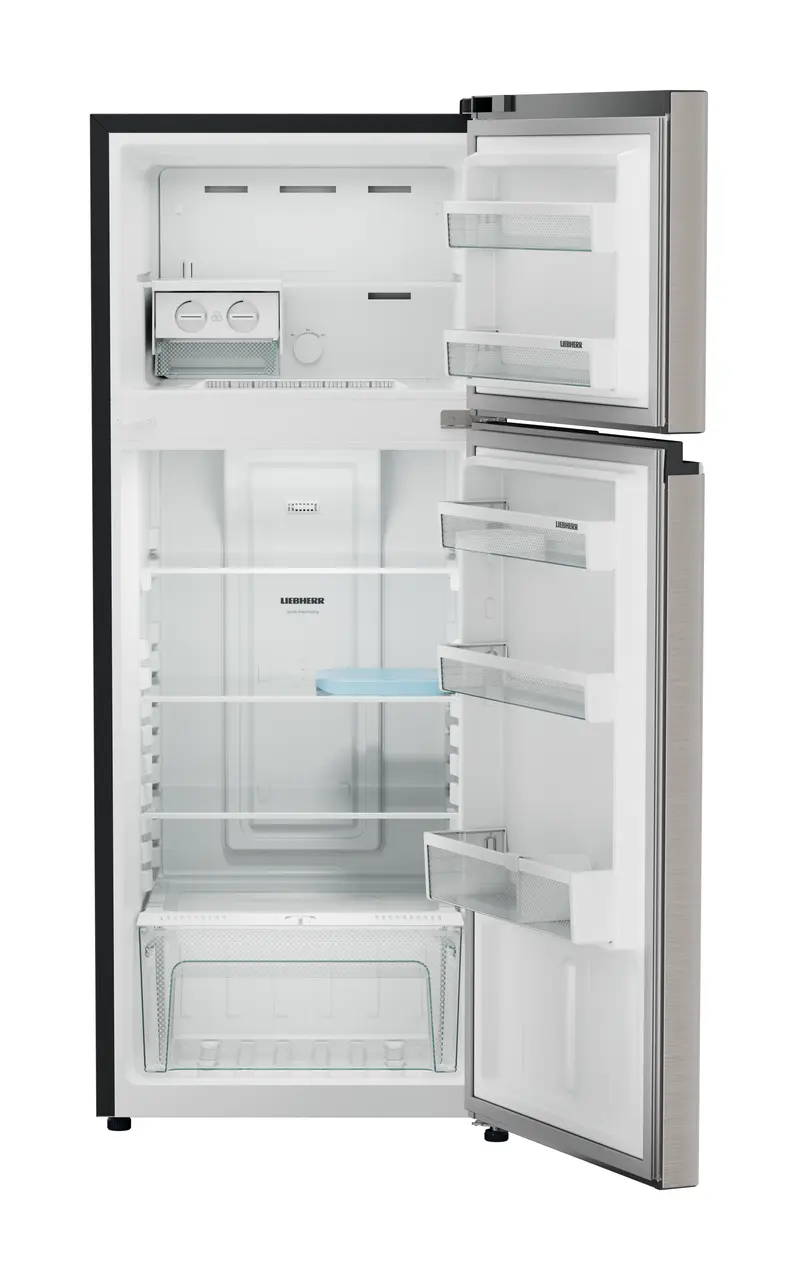 Product image, Perspective: straight open empty, Fridge-freezer with NoFrost, Casing colour: grey, Door colour: Grey Steel