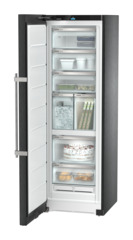 Product image, Perspective: oblique open decorated, Freestanding freezer with NoFrost and IceTower, Casing colour: BlackSteel, Door colour: BlackSteel