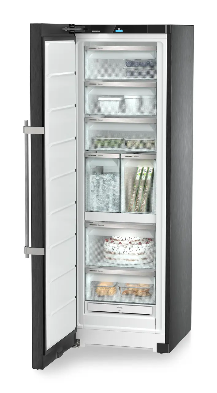 Product image, Perspective: oblique open decorated, Freestanding freezer with NoFrost and IceTower, Casing colour: BlackSteel, Door colour: BlackSteel