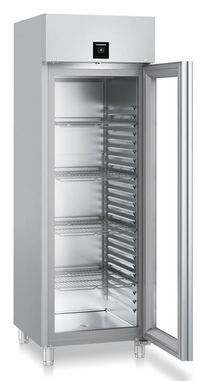 Изображение на продукта, Перспектива: Странично, отворен, празен, Хладилник по стандарта "Гастронорм" GN 2/1 с динамично охлаждане, Цвят на корпуса: благородна стомана, Цвят на вратата: благородна стомана