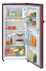 Product image, Perspective: straight open decorated, Single-door refrigerator 191 l in 2 Star and with horizontal handle, Casing colour: red, Door colour: Red Hibiskus