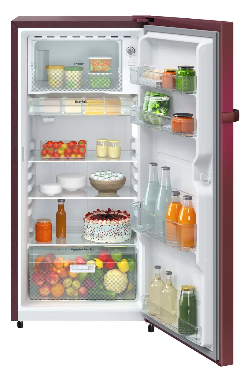 Product image, Perspective: straight open decorated, Single-door refrigerator 191 l in 2 Star and with horizontal handle, Casing colour: red, Door colour: Red Hibiskus
