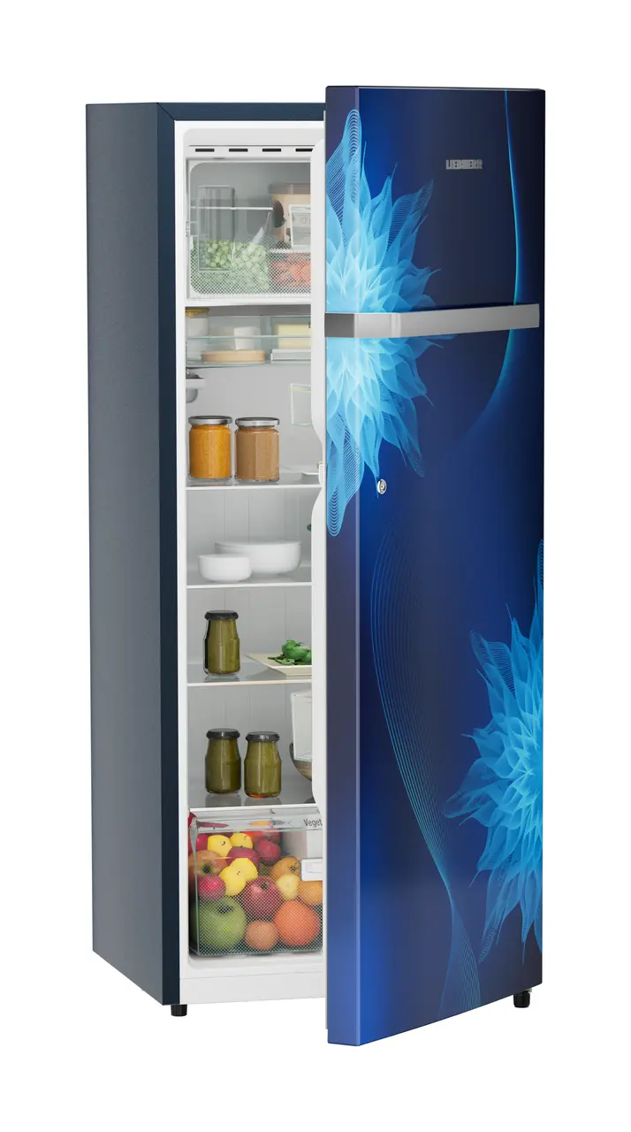 Product image, Perspective: oblique half-open decorated, Single-door refrigerator 222 l in 3 star and horizontal handle, Casing colour: blue, Door colour: Blue Mystiq
