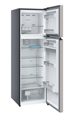 Product image, Perspective: oblique open empty, Fridge-freezer with NoFrost, Casing colour: grey, Door colour: Grey Steel