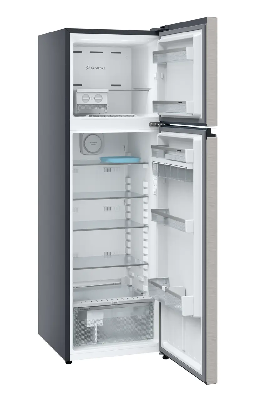 Product image, Perspective: oblique open empty, Fridge-freezer with NoFrost, Casing colour: grey, Door colour: Grey Steel