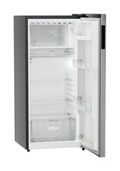 Product image, Perspective: oblique open empty, Single-door refrigerator 202 l in 3 star with VegFresh box, Casing colour: grey, Door colour: Stainless Steel