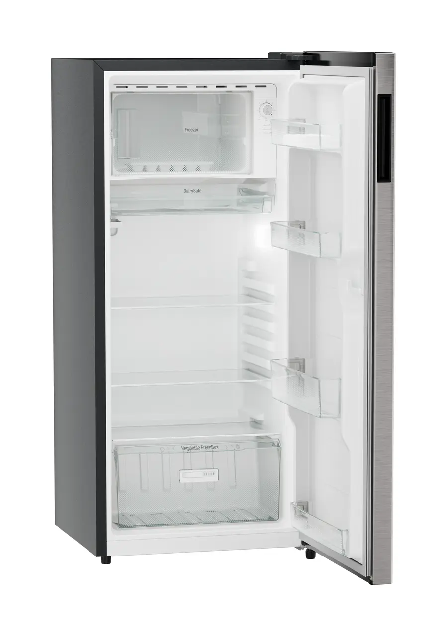 Product image, Perspective: oblique open empty, Single-door refrigerator 202 l in 3 star with VegFresh box, Casing colour: grey, Door colour: Stainless Steel