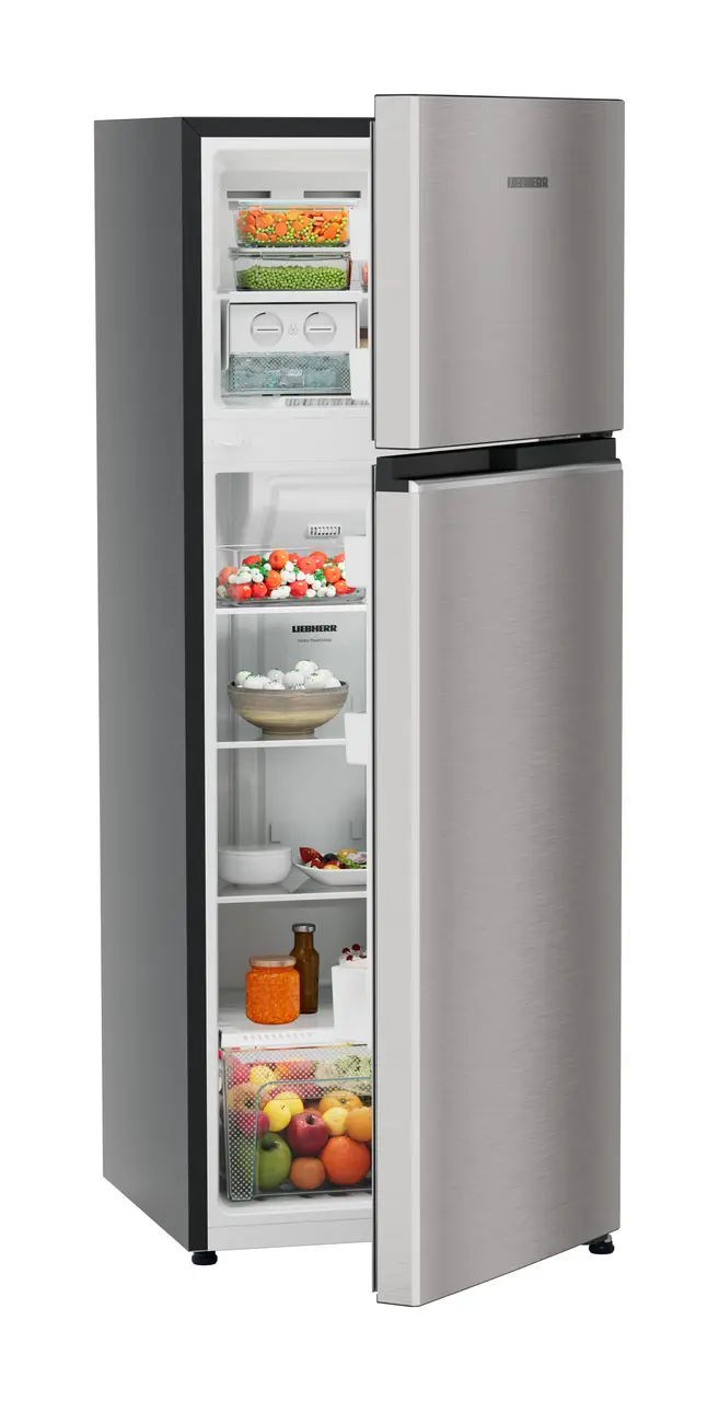 Product image, Perspective: oblique half-open decorated, Fridge-freezer with NoFrost, Casing colour: grey, Door colour: Stainless Steel