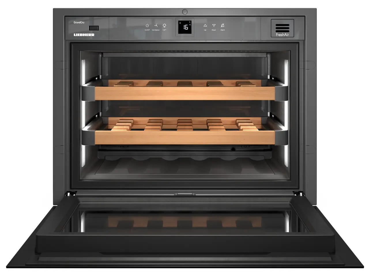 Изображение продукции, Перспектива: Прямо, с открытой дверцей, без продуктов, Встраиваемый винный кондиционный шкаф, Цвет корпуса: белый, Цвет дверцы: белый