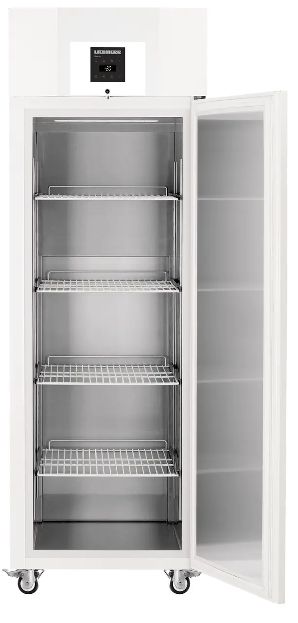 Product image, Perspective: straight open empty, Lab freezer with Comfort electronic controller, Casing colour: white