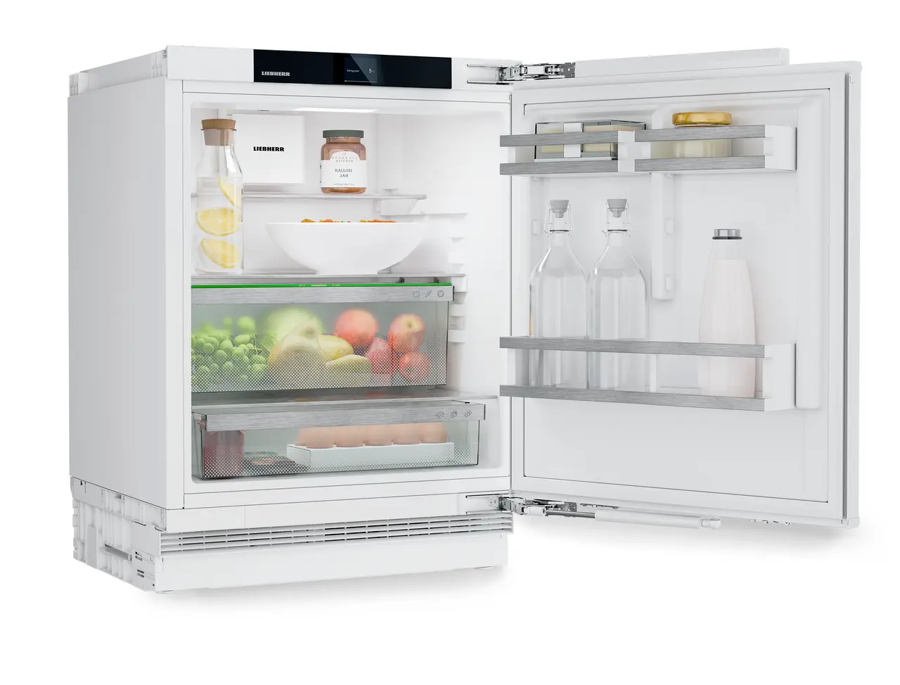 Изображение продукции, Перспектива: Под углом, с открытой дверцей, с продуктами, Холодильник подходит для установки под столешницу с системой EasyFresh.