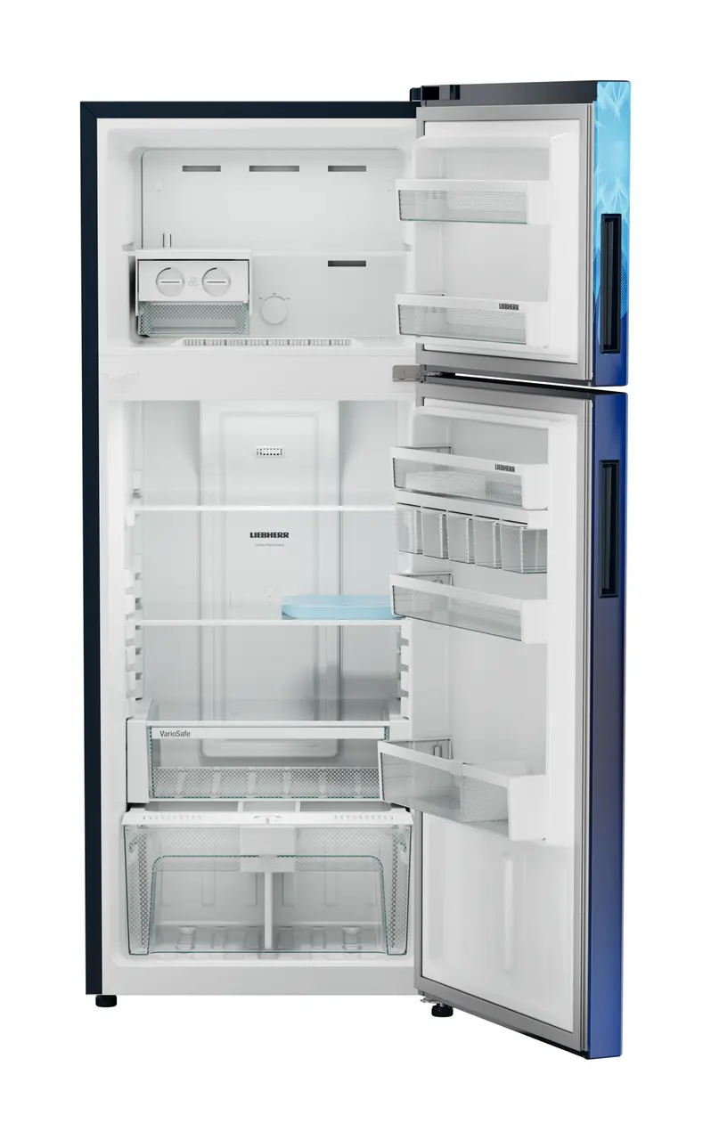Product image, Perspective: straight open empty, Fridge-freezer with NoFrost, Casing colour: blue, Door colour: Blue Mystiq