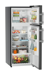 Product image, Perspective: oblique open decorated, Fridge-freezer with NoFrost, Casing colour: grey, Door colour: BlackSteel