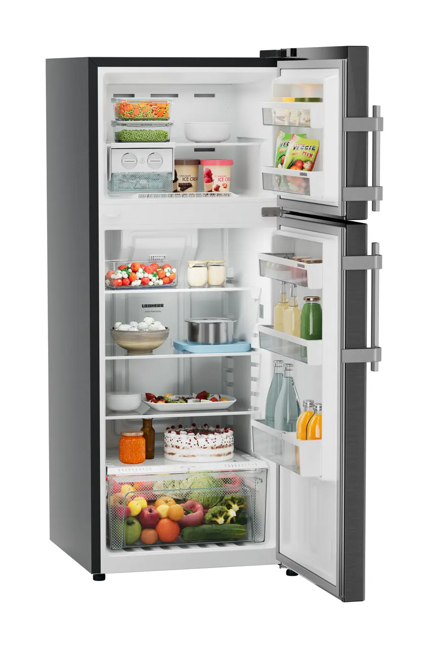 Product image, Perspective: oblique open decorated, Fridge-freezer with NoFrost, Casing colour: grey, Door colour: BlackSteel