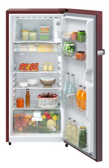 Product image, Perspective: straight open decorated, Single-door refrigerator 222 l in 3 star and horizontal handle, Casing colour: red, Door colour: Red Rosette