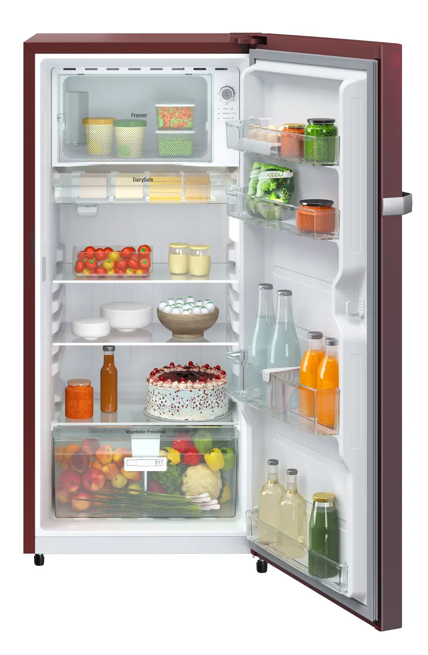 Product image, Perspective: straight open decorated, Single-door refrigerator 222 l in 3 star and horizontal handle, Casing colour: red, Door colour: Red Rosette
