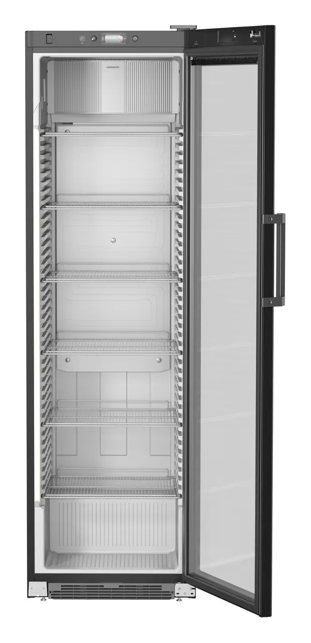 Изображение на продукта, Перспектива: Отпред, отворен, празен, Хладилник с рекламен дисплей с динамично охлаждане, Цвят на корпуса: черен, Цвят на вратата: черен