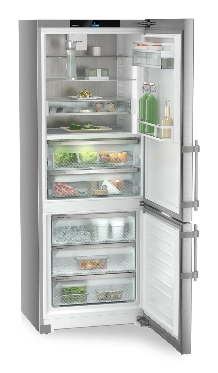 Product image, Perspective: oblique open decorated, Fridge-freezer with BioFresh Professional and NoFrost, Casing colour: silver, Door colour: stainless steel