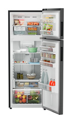 Product image, Perspective: straight open decorated, Fridge-freezer with NoFrost, Casing colour: grey, Door colour: BlackSteel