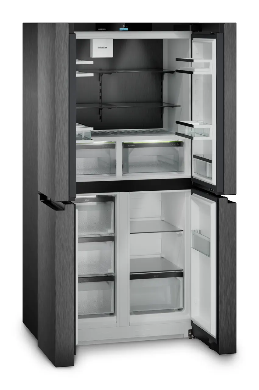 Termékkép, Perspektíva: Ferde nyitott üres, 4 ajtós francia ajtós hűtő-fagyasztó jégkészítővel