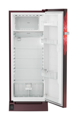 Product image, Perspective: straight open empty, Single-door refrigerator 222 l with foot pedal base drawer and iCoolTouch UI, Casing colour: red, Door colour: Red Mystiq