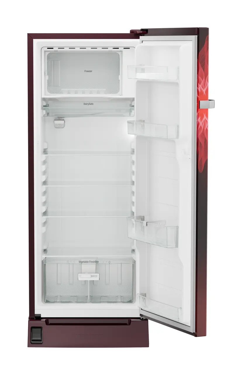 Product image, Perspective: straight open empty, Single-door refrigerator 222 l with foot pedal base drawer and iCoolTouch UI, Casing colour: red, Door colour: Red Mystiq
