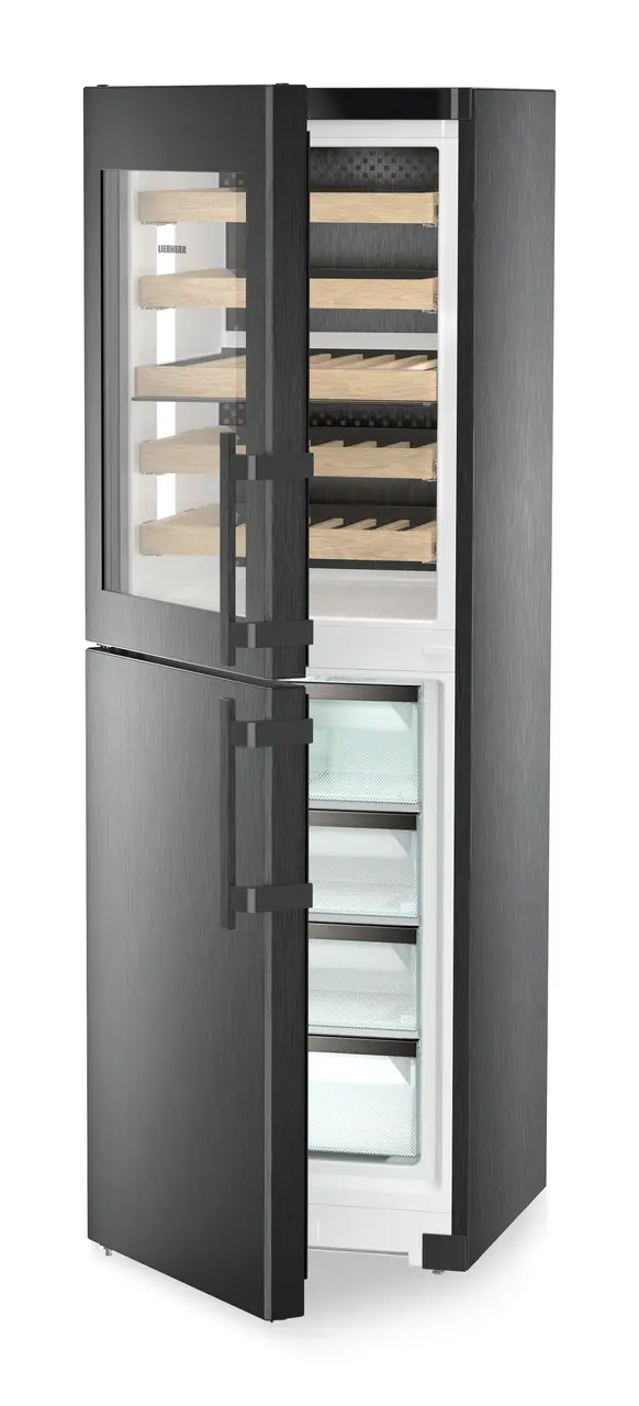 Product image, Perspective: oblique half-open empty, Combination with NoFrost freezer compartment and wine tempering compartment, Casing colour: BlackSteel, Door colour: BlackSteel