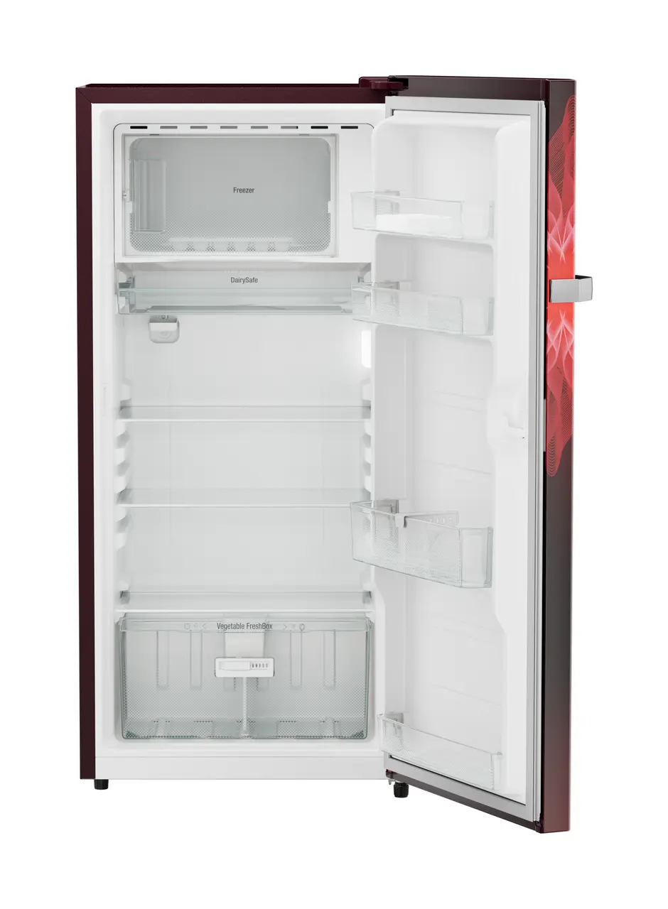 Product image, Perspective: straight open empty, Single-door refrigerator 191 l in 4 star with iCoolTouch UI, Casing colour: red, Door colour: Red Mystiq