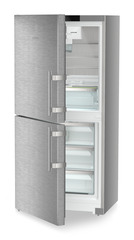 Product image, Perspective: oblique half-open empty, Combined fridge-freezers with EasyFresh and NoFrost, Casing colour: silver, Door colour: stainless steel