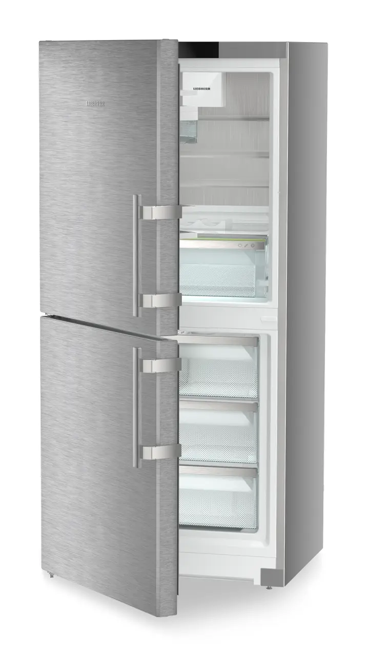 Product image, Perspective: oblique half-open empty, Combined fridge-freezers with EasyFresh and NoFrost, Casing colour: silver, Door colour: stainless steel