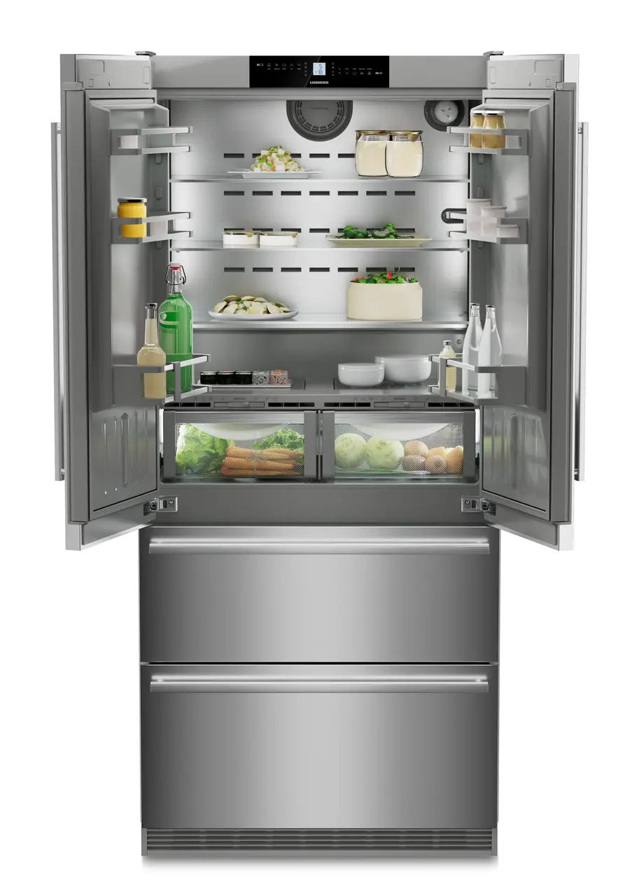Product image, Perspective: straight open decorated, Fridge-freezer with BioFresh and NoFrost, Casing colour: stainless steel, Door colour: stainless steel