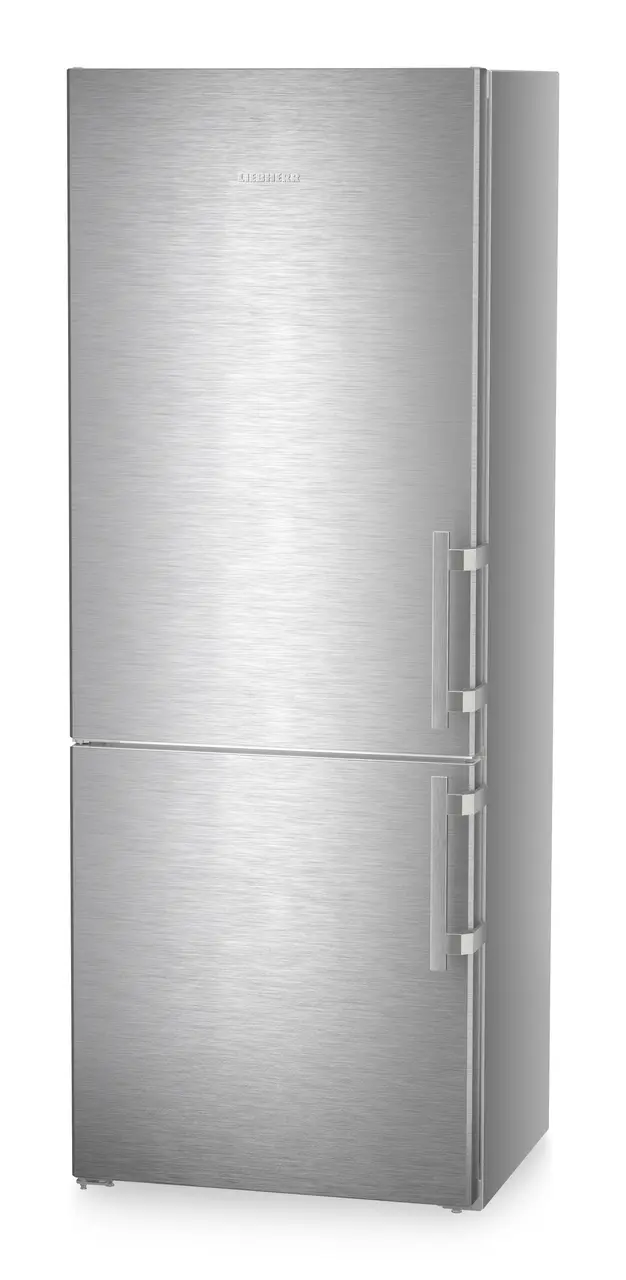 Product image, Perspective: oblique closed, Combined fridge-freezers with EasyFresh and NoFrost, Casing colour: silver, Door colour: stainless steel