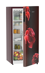 Product image, Perspective: oblique half-open decorated, Single-door refrigerator 191 l in 3 star with VegFresh box, Casing colour: red, Door colour: Red Divine
