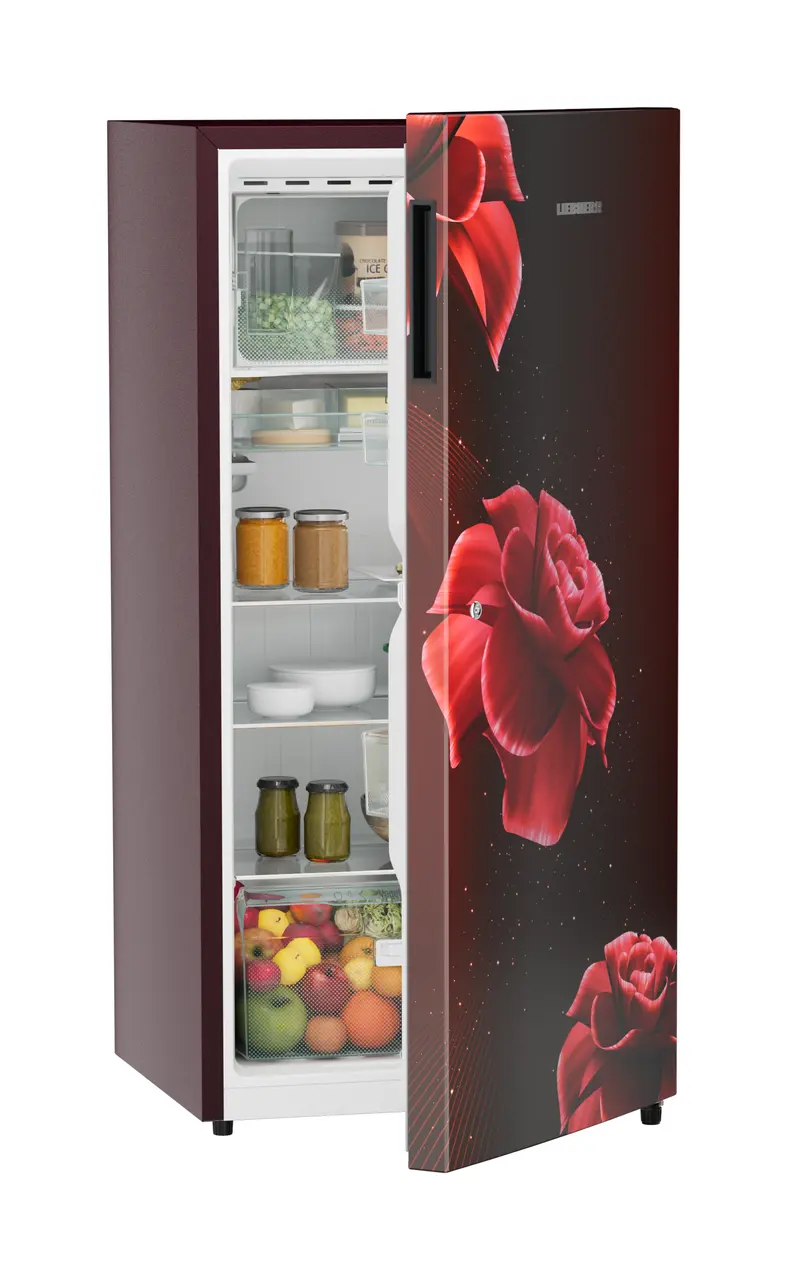 Product image, Perspective: oblique half-open decorated, Single-door refrigerator 191 l in 3 star with VegFresh box, Casing colour: red, Door colour: Red Divine