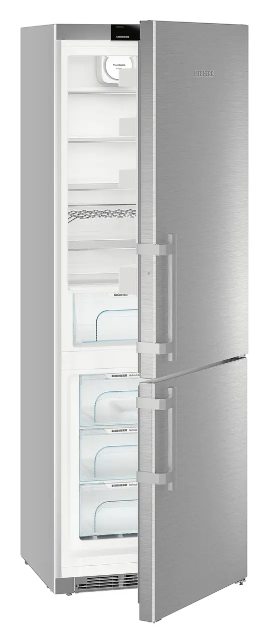 Product image, Perspective: oblique half-open empty, Combined fridge-freezers with BioCool and NoFrost, Casing colour: silver, Door colour: stainless steel