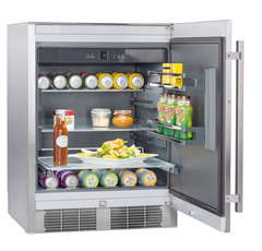 Product image, Perspective: oblique open decorated, Outdoor fridge, Casing colour: grey, Door colour: stainless steel
