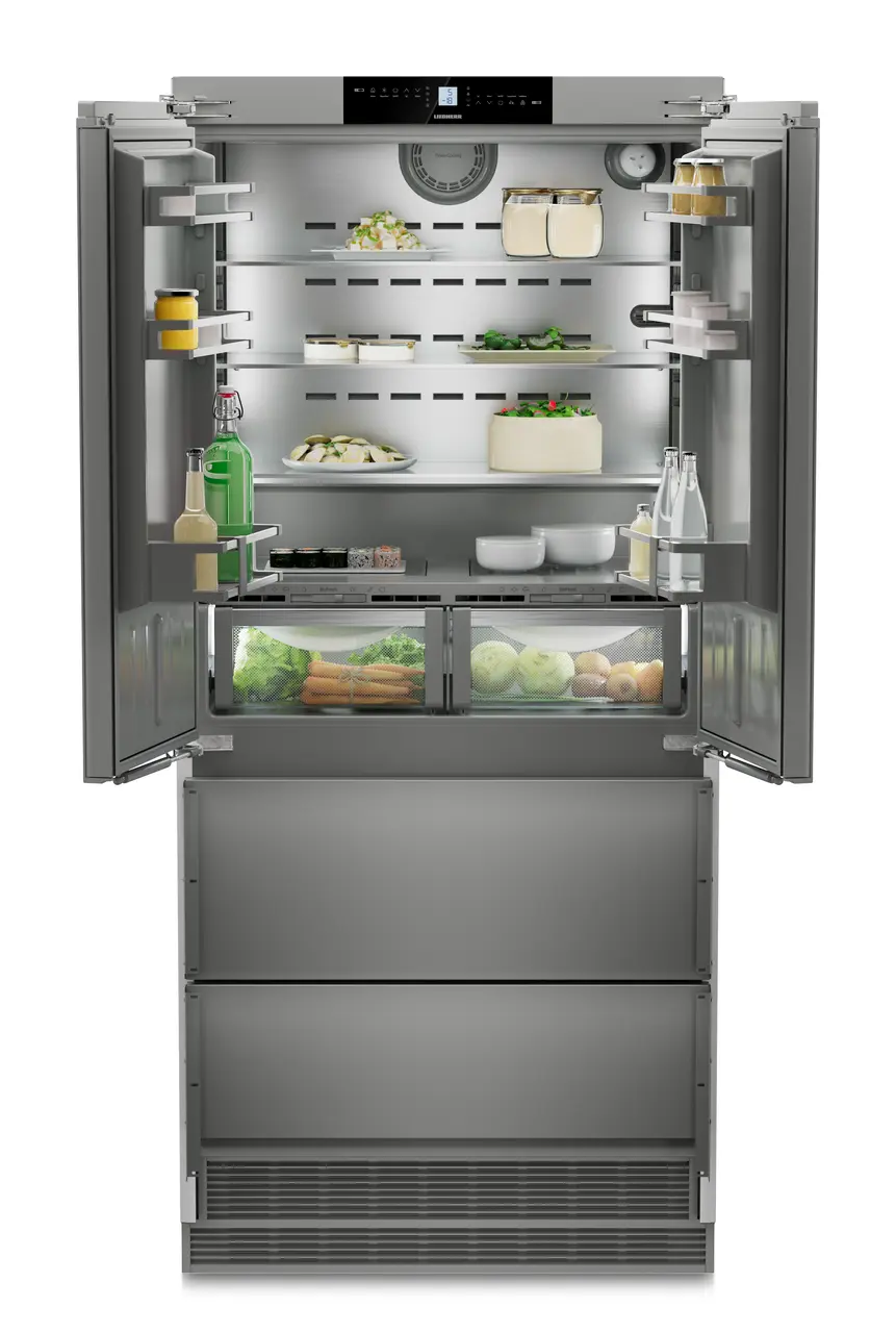 Product image, Perspective: straight open decorated, Combined refrigerator-freezer with BioFresh and NoFrost for integrated use, Casing colour: Anthracite