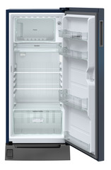 Product image, Perspective: straight open empty, Single-door fridge, 191 l in 2 star with foot pedal base drawer, Casing colour: blue, Door colour: Blue Wonder